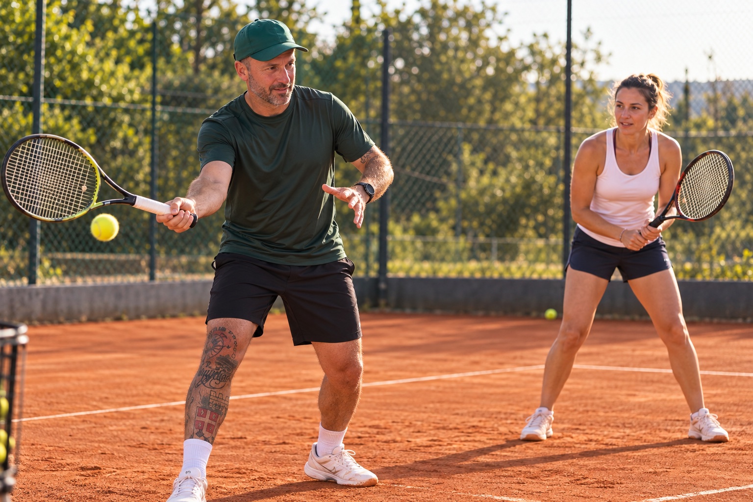 KI-Illustration: Marko beim Einzeltraining mit einer erwachsenen Teilnehmerin